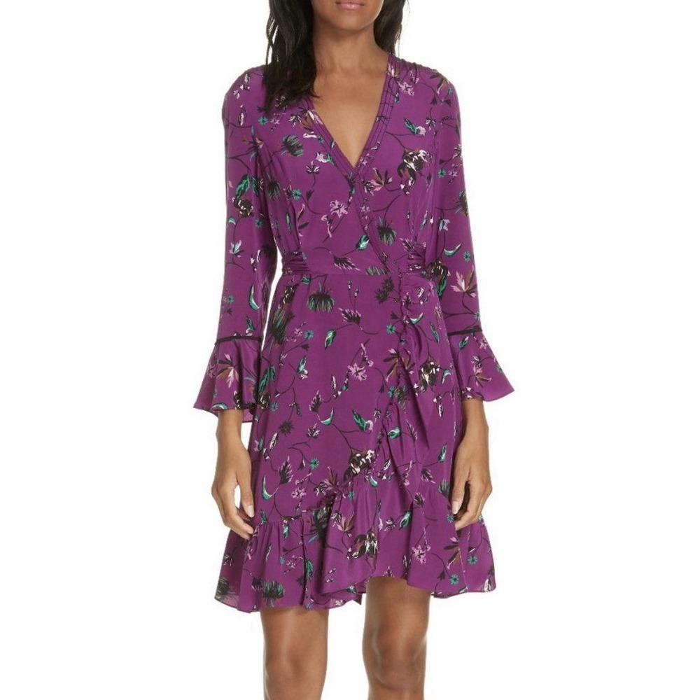 Tanya Taylor Nomi Silk Purple Floral Wrap Dress 8 Ruffle Wedding Guest